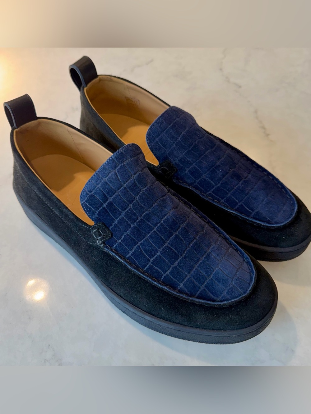Lanvin Navy Suede Croc-Embossed Slip-On Loafers